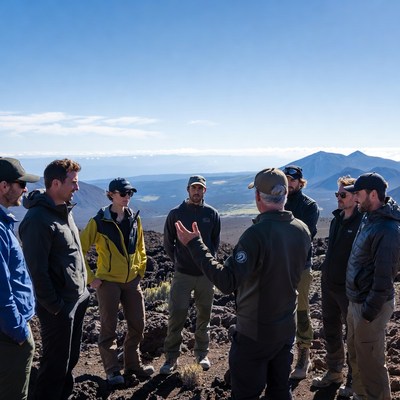 Group hiking volcanic landscape summit