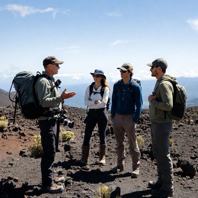 Group of hikers talking on volcano