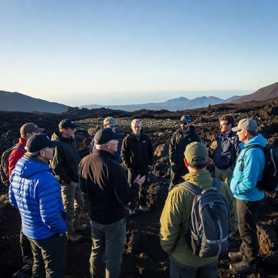 Group of men discussing on volcano
