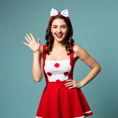 Smiling woman waving in polka dot dress