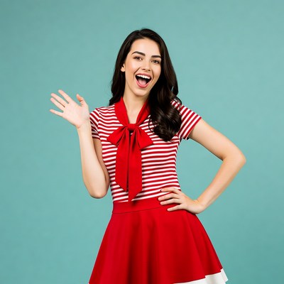 Smiling woman waving in red sailor dress