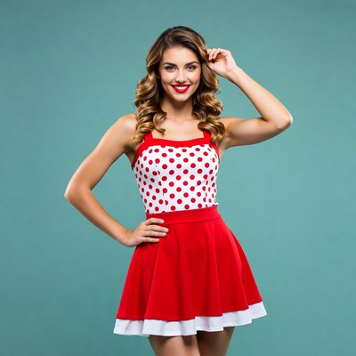 Woman in red polka dot dress posing