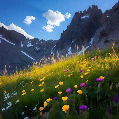 Wildflower Meadow in Snowy Mountains