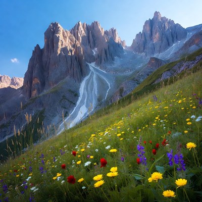 Dolomites Mountains with Wildflowers