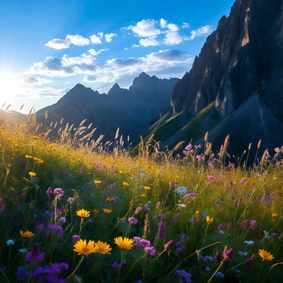 Wildflower Meadow in Dolomites Mountains