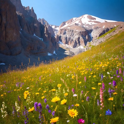 Wildflower Meadow in Snowy Mountains