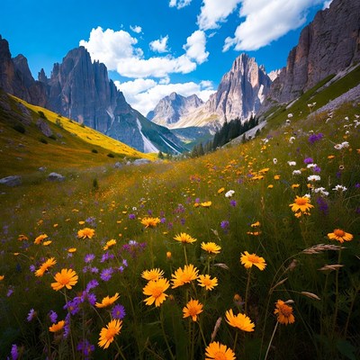 Wildflower Meadow in Dolomites Mountains