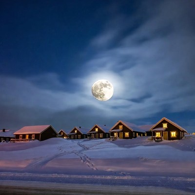 Snowy Cottages Under Full Moon