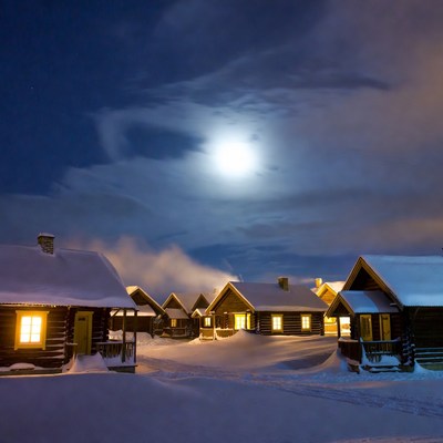 Snowy Cabins Under Full Moon