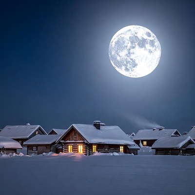 Snowy Cabins Under Full Moon