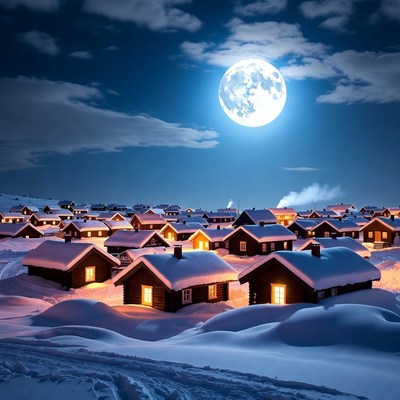 Snowy village under full moon