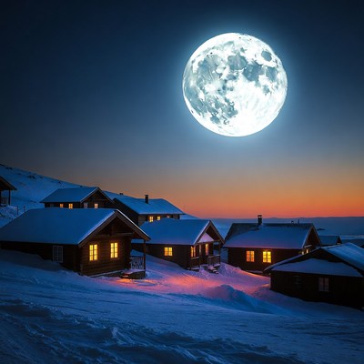 Snowy cabins under full moon