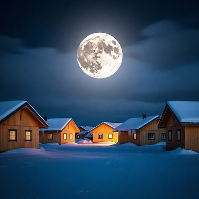 Snowy Cabins Under Full Moon