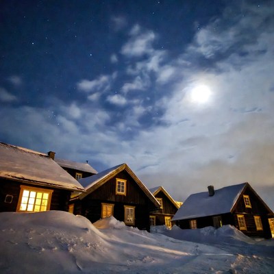 Snowy Wooden Houses Under Moonlit Sky
