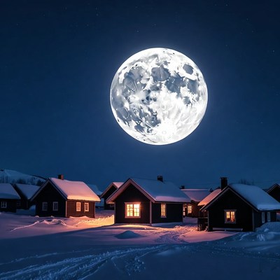 Full Moon Over Snowy Houses