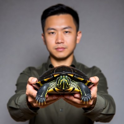 Asian man holding turtle