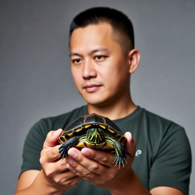Asian man holding red-eared slider turtle