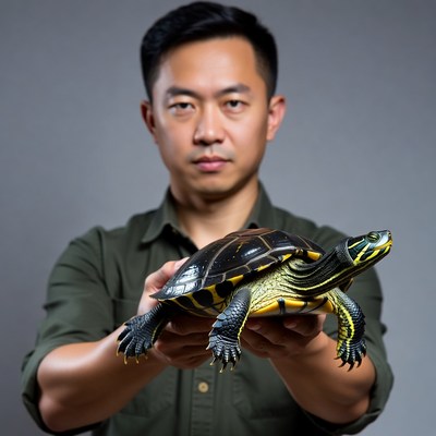 Asian man holding turtle