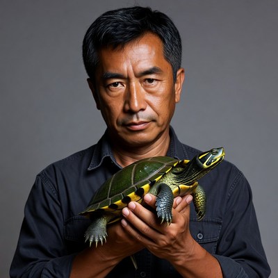 Asian man holding turtle