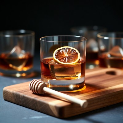 Whiskey Glass with Lemon Slice and Honey Dipper