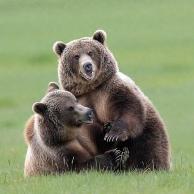 Two grizzly bears playing in grass