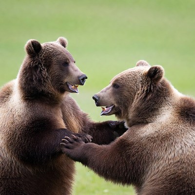 Two brown bears wrestling in grass