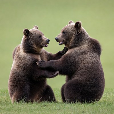 Two brown bears play fighting