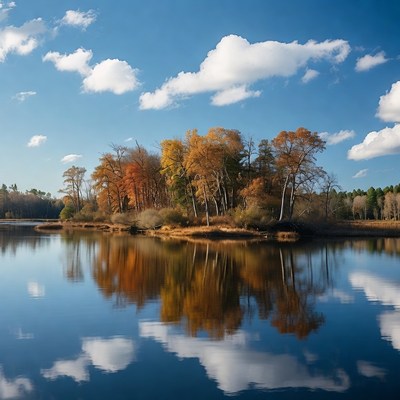 Autumn Trees Island in Lake Reflection