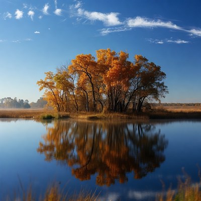 Autumn Tree Island Reflected in Water