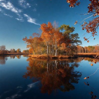 Autumn Trees Island Reflected in Lake