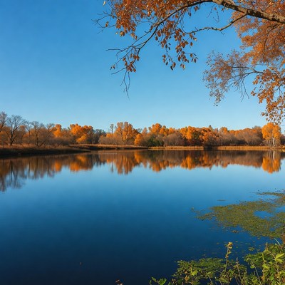 Autumn Trees Reflecting in Blue Lake