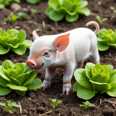 Piglet sniffing lettuce in garden