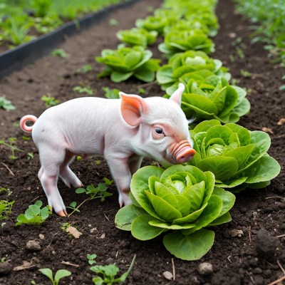 Baby pig eating lettuce in garden