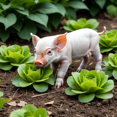 Piglet eating lettuce in garden