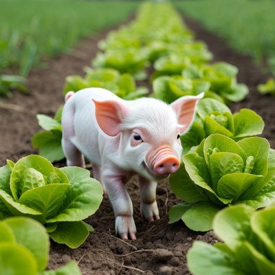Piglet in lettuce field
