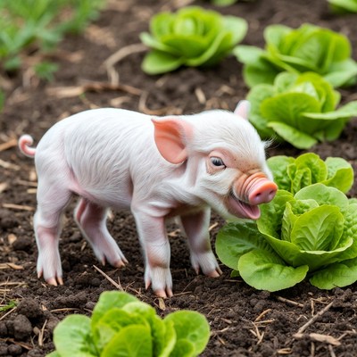 Baby pig eating lettuce in garden