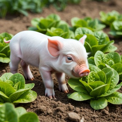 Baby pig in lettuce field