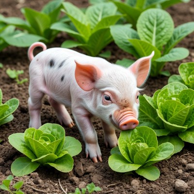 Baby pig eating lettuce in garden
