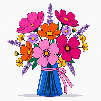 Colorful Flower Bouquet in Blue Vase
