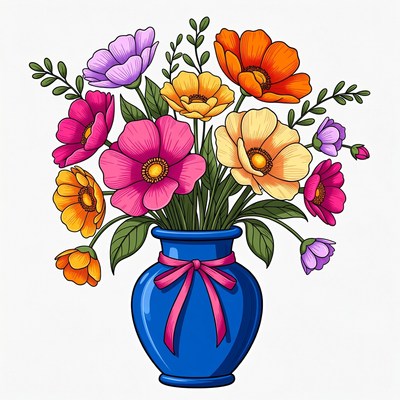 Colorful Flowers in Blue Vase