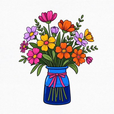 Colorful Flowers in Blue Vase
