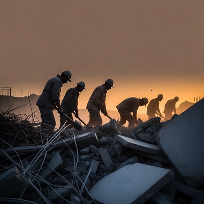 Workers Clearing Rubble Silhouette Sunrise