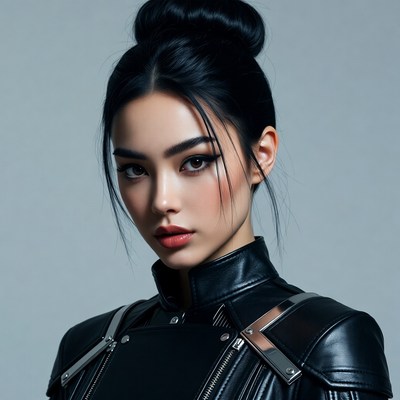 Asian woman in black leather outfit