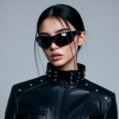 Asian woman in black leather jacket sunglasses