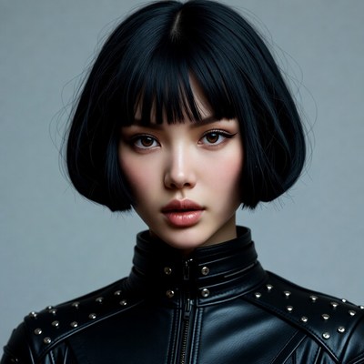 Asian woman in black leather jacket