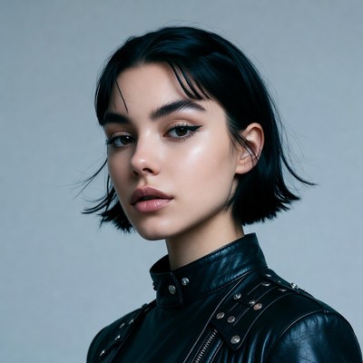 Woman with black bob haircut in leather jacket