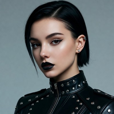 Woman with black bob haircut and leather jacket