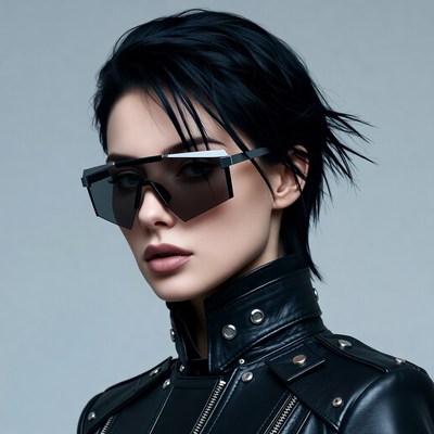 Woman in black leather jacket and sunglasses