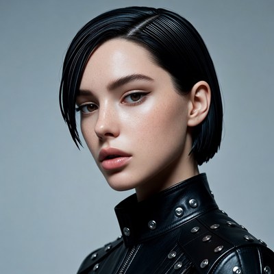 Woman with short black hair in leather jacket