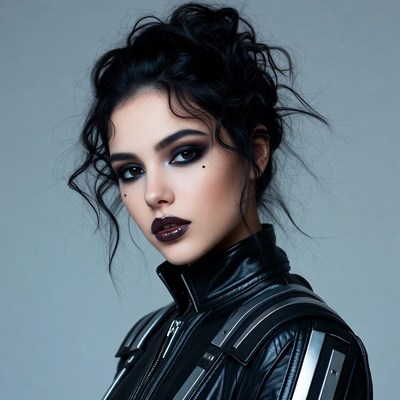 Woman in black leather jacket